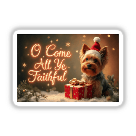 Yorkie wearing a Santa hat holds a present, featured in the O Come All Ye Faithful Yorkie Christmas Sticker and Clipart from Decal Venue, available as stickers or digital artwork.