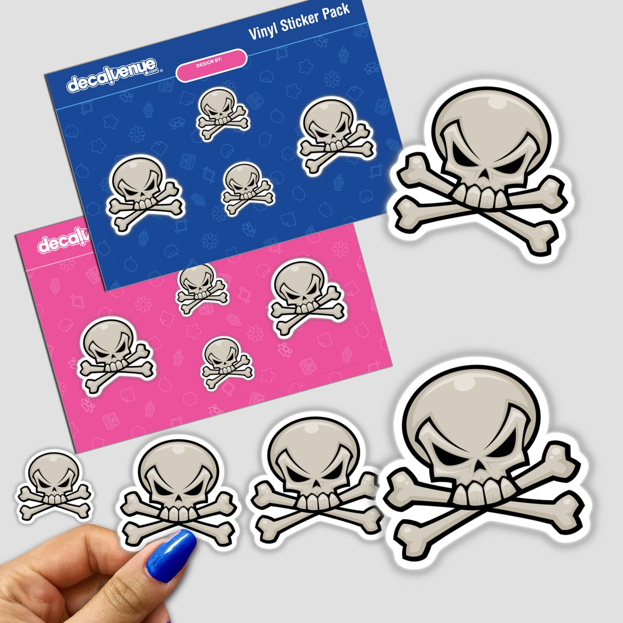 Skull and Crossbones stickers featuring cartoon skulls with crossed bones, ideal for unique graphic designs, available at Decal Venue.