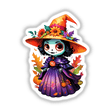 Day of the Dead Witch Queen Sticker Design featuring a cartoon character with an orange hat, a sunflower, and a carved pumpkin face. Available as stickers or digital artwork.