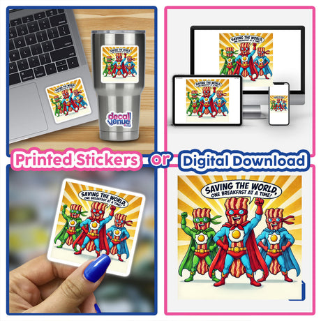 Collage featuring Bacon Brigade stickers and digital art; includes bacon-themed superheroes with capes on various items like laptops and cups, embodying Saving the world, one breakfast at a time.