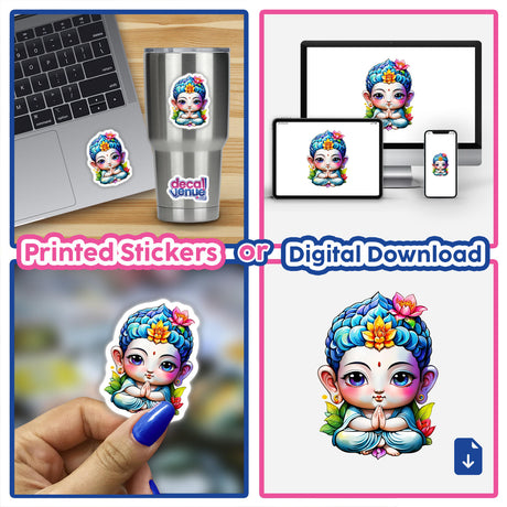 Kawaii Buddha Meditating: Adorable Sticker Design featuring a collage of baby Buddha cartoons, suitable for laptops and cups, available as stickers or digital artwork.