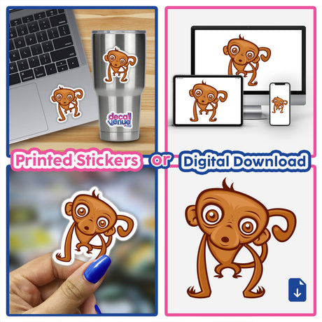 Collage featuring various Monkey stickers, showcasing a cartoon monkey on items like a keyboard and cup, exemplifying Decal Venue's unique sticker collection.