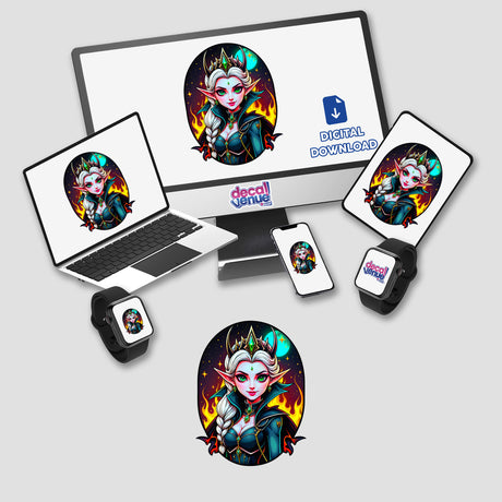 An Evil Queen Anime Girl displayed on a computer and laptop screens, available as unique stickers or digital artwork.