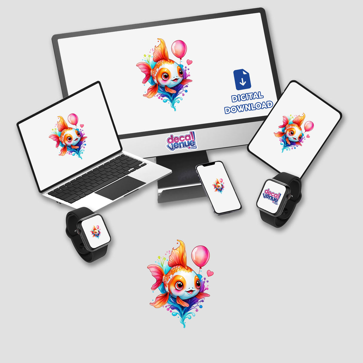 Balloon Goldfish: Cute Watercolor Vector Art Sticker displayed on a computer monitor and laptop screen, featuring a cartoon goldfish holding a balloon. Available as stickers or digital artwork from Decal Venue.