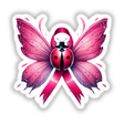 Ladybug with butterfly wings and a pink ribbon, symbolizing breast cancer awareness, available as stickers or digital artwork.