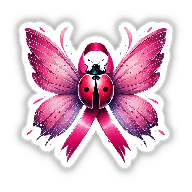 Ladybug with butterfly wings and a pink ribbon, symbolizing breast cancer awareness, available as stickers or digital artwork.