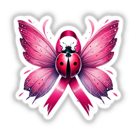 Ladybug with butterfly wings and a pink ribbon, symbolizing breast cancer awareness, available as stickers or digital artwork.