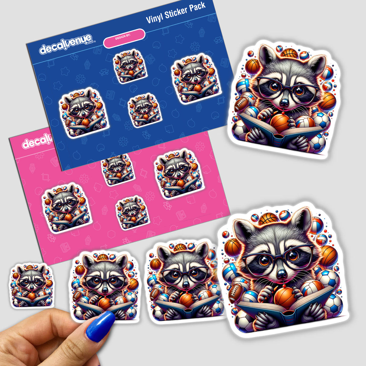 Cute Raccoon Reading a Book with Glasses and Sports Balls depicted on a sticker, featuring a cartoon raccoon engrossed in reading amidst colorful sports balls, offering a whimsical touch.