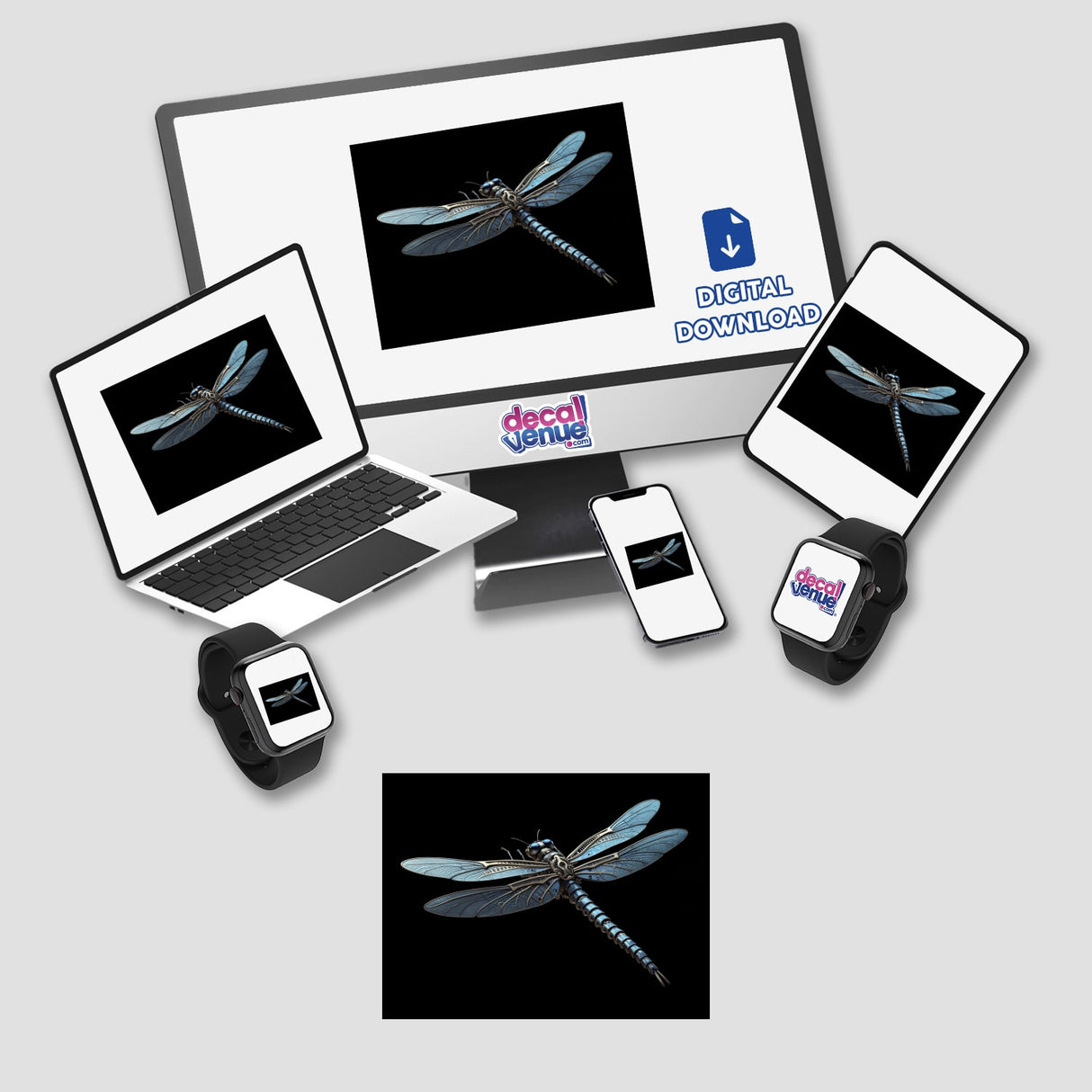 Mechanical Dragonfly with Blue Metallic Wings and Intricate Details displayed on a computer monitor and laptop screen, available as unique stickers or digital artwork from Decal Venue.