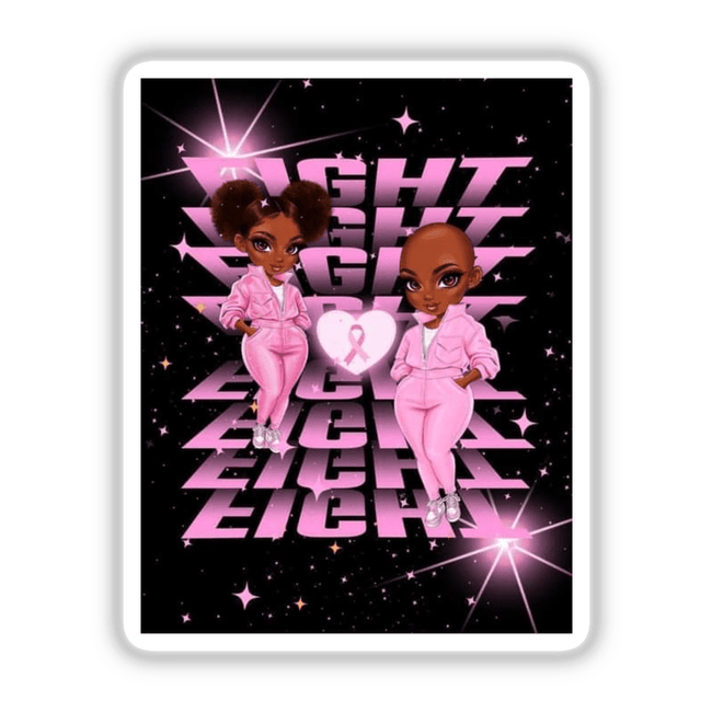 Gold Breast Cancer Series 9: Cartoon of two girls in pink jumpsuits, available as stickers or digital artwork.