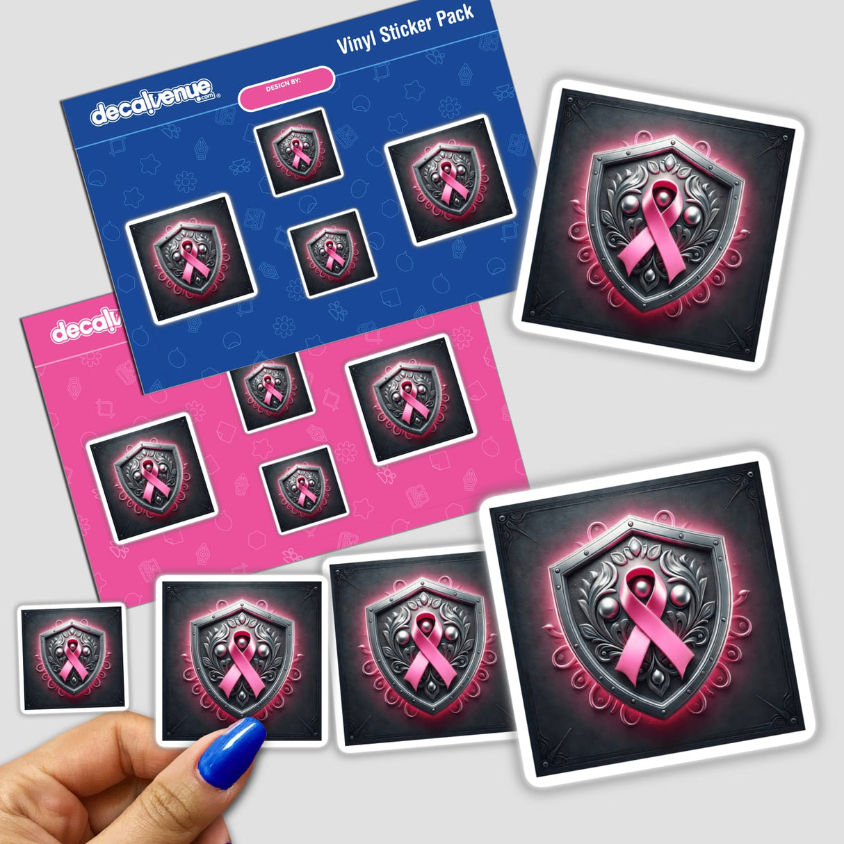 Warrior's Shield - Pink Ribbon Embossed on a Shield, available as stickers or digital artwork. The design features a pink ribbon prominently displayed on a shield, suitable for various applications.