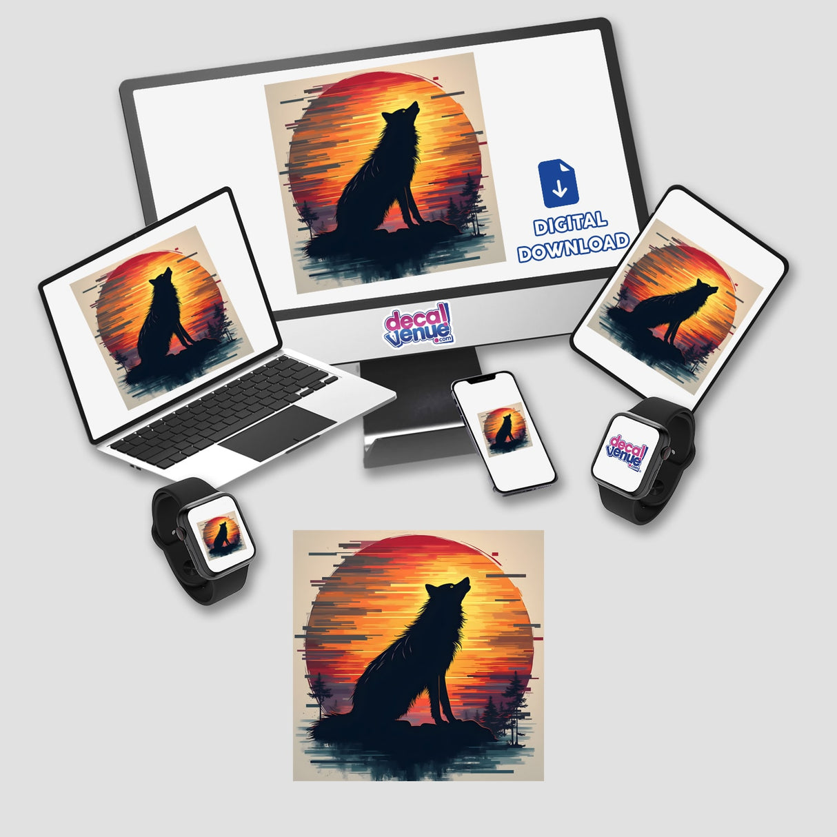 Wolf Silhouette with Vibrant Stripes Art displayed on a computer monitor and laptop, featuring a howling wolf at sunset. Available as stickers or digital artwork from Decal Venue.