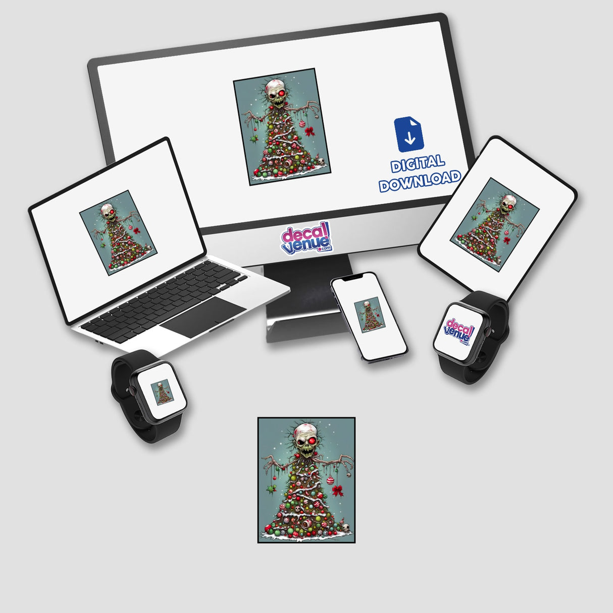 Zombie Christmas Tree design displayed on a computer monitor and laptop, available as stickers or digital artwork, showcasing a unique blend of festive and eerie themes.