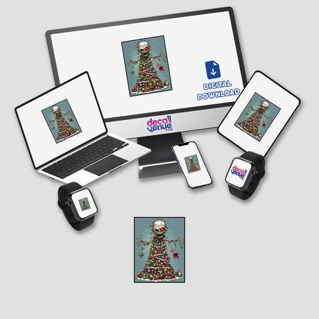 Zombie Christmas Tree design displayed on a computer monitor and laptop, available as stickers or digital artwork, showcasing a unique blend of festive and eerie themes.