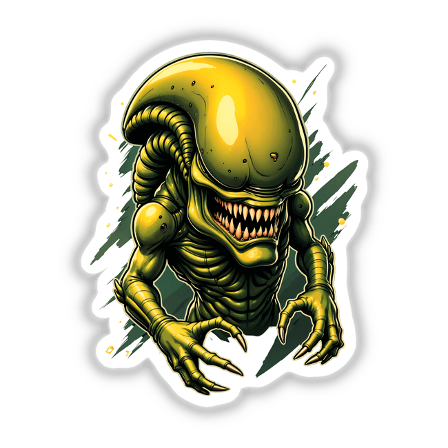 A Cool Xenomorph Alien Warrior depicted as a cartoon illustration with sharp teeth, available as stickers or digital artwork from Decal Venue.