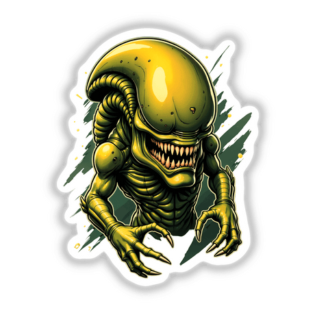 A Cool Xenomorph Alien Warrior depicted as a cartoon illustration with sharp teeth, available as stickers or digital artwork from Decal Venue.