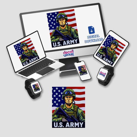 U.S. Army - American Soldier With Flag depicted on digital artwork, featuring a soldier-themed design on a laptop, phone, and tablet. Available as stickers or digital downloads.