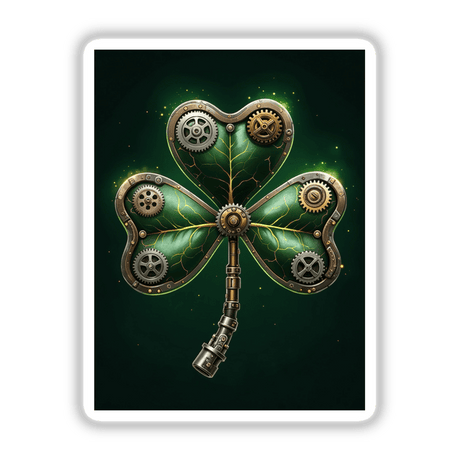 Steampunk Shamrock with Metallic Gears, featuring a detailed green and gold four-leaf clover design intertwined with intricate gears, available as stickers or digital artwork from Decal Venue.