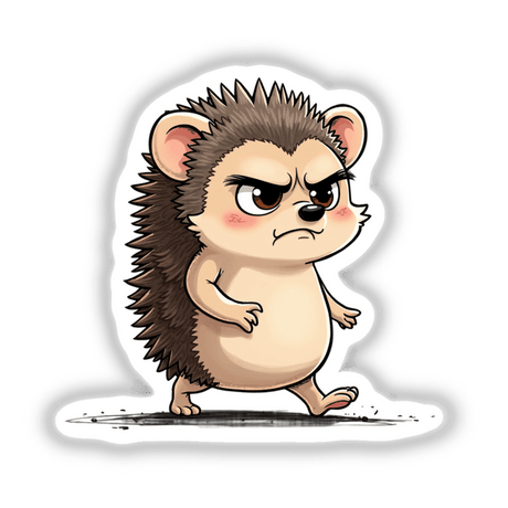 Cute Angry Hedgehog Cartoon Character with furrowed brows and clenched mouth, available as stickers or digital artwork.