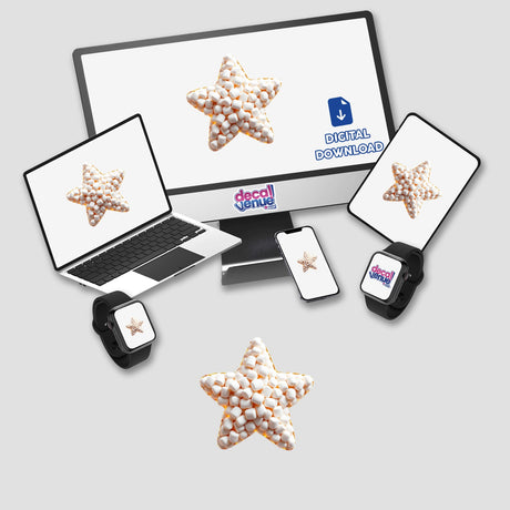 Marshmallow Star design featured on various devices, showcasing stickers and digital artwork options, highlighting its versatility and appeal for tech customization.