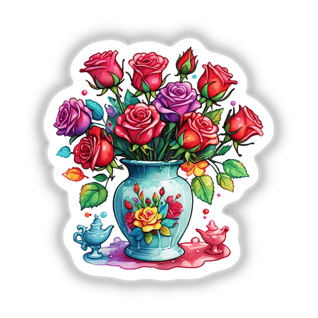 Romantic Red Roses in a vase, offered as stickers or digital artwork, showcasing vibrant floral design perfect for unique home decor.