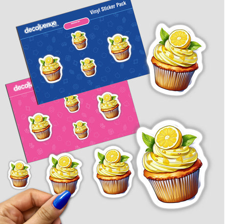 Colorful lemon cupcake stickers displayed on a Decal Venue vinyl sticker pack. The stickers feature detailed illustrations of tasty lemon-topped cupcakes with vibrant colors and realistic details.