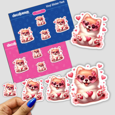 Happy in Love Pomeranian Dog sticker, featuring a cartoon dog wearing pink heart-shaped sunglasses, held by a hand. Available as part of Decal Venue's unique vinyl sticker collection.