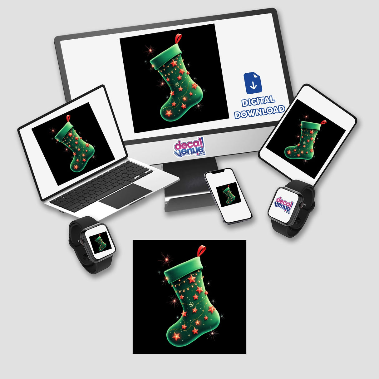 Green Stocking with Red Ribbon and Holiday Lights displayed on monitors, laptop, and phones, showcasing festive digital artwork available as stickers or digital downloads.