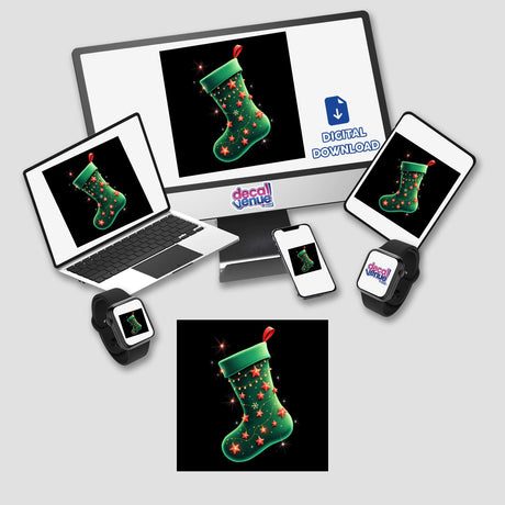 Green Stocking with Red Ribbon and Holiday Lights displayed on monitors, laptop, and phones, showcasing festive digital artwork available as stickers or digital downloads.