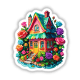 Whimsical Rose House Sticker - Charming Floral Kawaii Architecture Design featuring a cartoon house surrounded by flowers and playful windows with faces. Available as stickers or digital artwork.