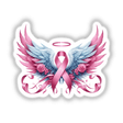 Angel Wings Pink Cancer Ribbon Adorned w/Roses: A detailed sketch featuring a pink ribbon with angel wings and roses, available as stickers or digital artwork.