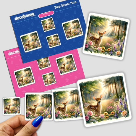 Sticker pack featuring Deer Fawn in a Forest Clearing Watercolor Illustration, showcasing various deer and floral designs, held in a hand, available as stickers or digital artwork.