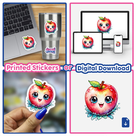 Happy Apple sticker collage featuring cartoon apples with faces, a hand holding a sticker, and a laptop adorned with the same sticker. Available as stickers or digital artwork.