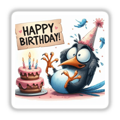 Birthday series #12 sticker featuring a cartoon bird in a party hat holding a birthday cake with candles. Perfect for celebrating special occasions.