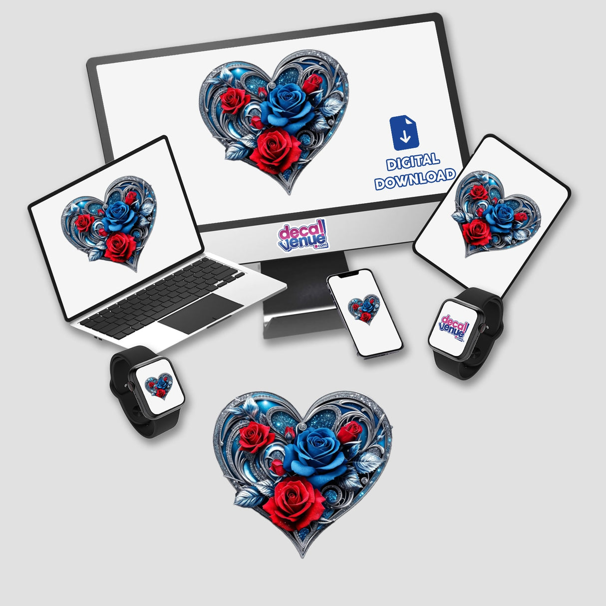 Luxurious Silver Blue Heart with Red and Blue Roses displayed on a computer monitor and laptop screen, available as stickers or digital artwork from Decal Venue.