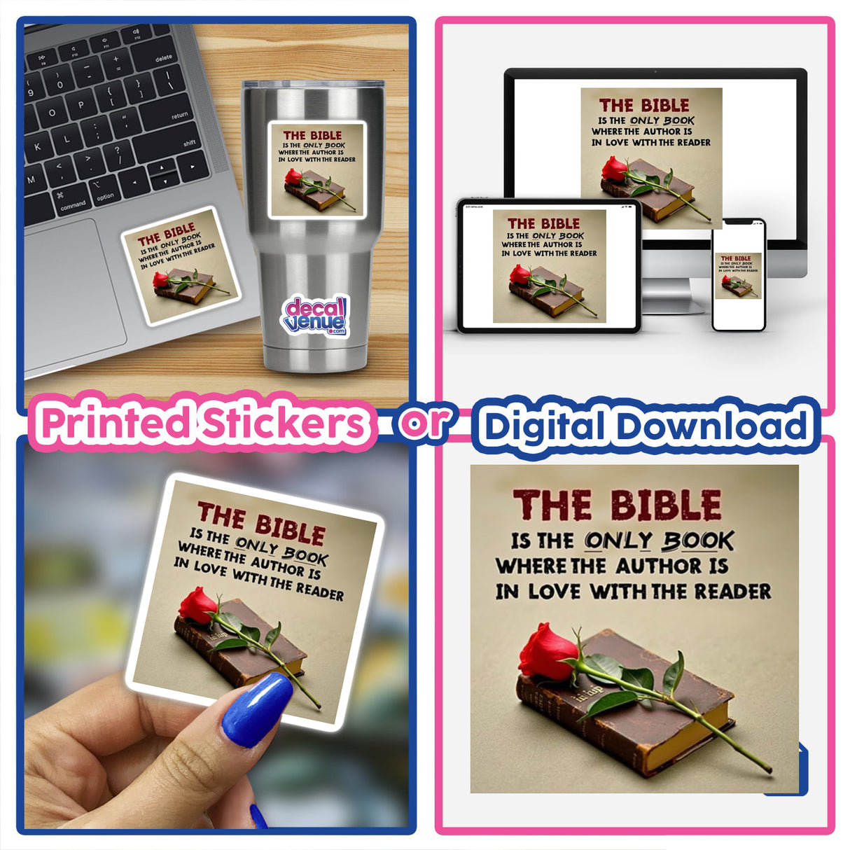 Inspirational Bible Quote Sticker featuring a laptop with a rose and book, available as Faith-Based Clipart. Downloadable religious design for commercial use from Decal Venue.