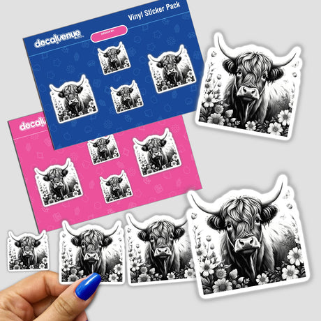 Hand holding Highland Cow Floral Accents PA05 sticker pack featuring black and white cow drawings with floral designs.