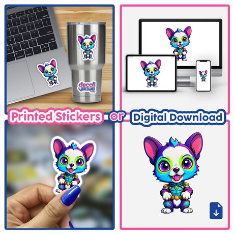 Cute Puppy From Outer Space displayed as a cartoon dog collage, featured on stickers and digital artwork, including applications on laptops and cups, emphasizing its whimsical design.