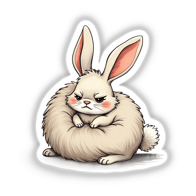 Grumpy Fluffy Bunny with Rosy Cheeks cartoon illustration, available as stickers or digital artwork, depicting a rabbit with a displeased expression and blushing cheeks.