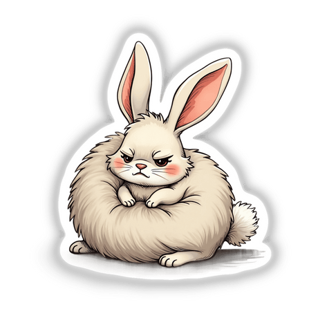 Grumpy Fluffy Bunny with Rosy Cheeks cartoon illustration, available as stickers or digital artwork, depicting a rabbit with a displeased expression and blushing cheeks.