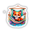 Cartoon fox lounging in a hammock, part of Fox Hammock Haven. Available as stickers or digital artwork from Decal Venue.