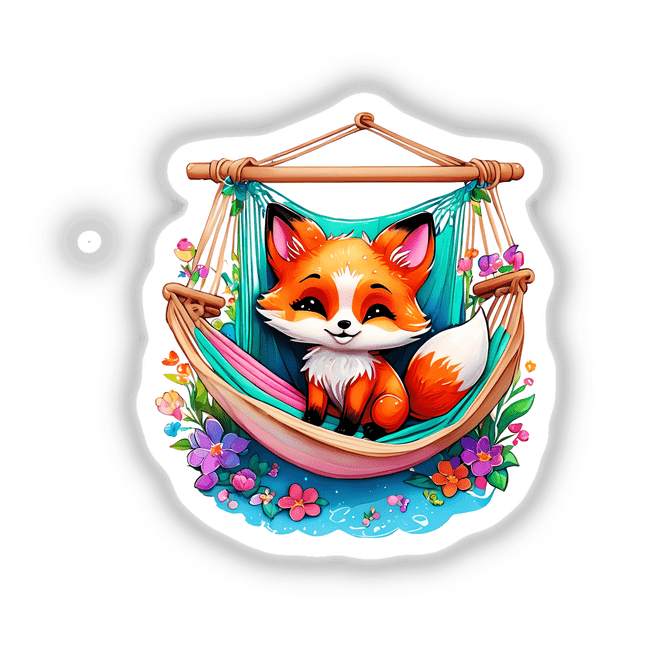 Cartoon fox lounging in a hammock, part of Fox Hammock Haven. Available as stickers or digital artwork from Decal Venue.