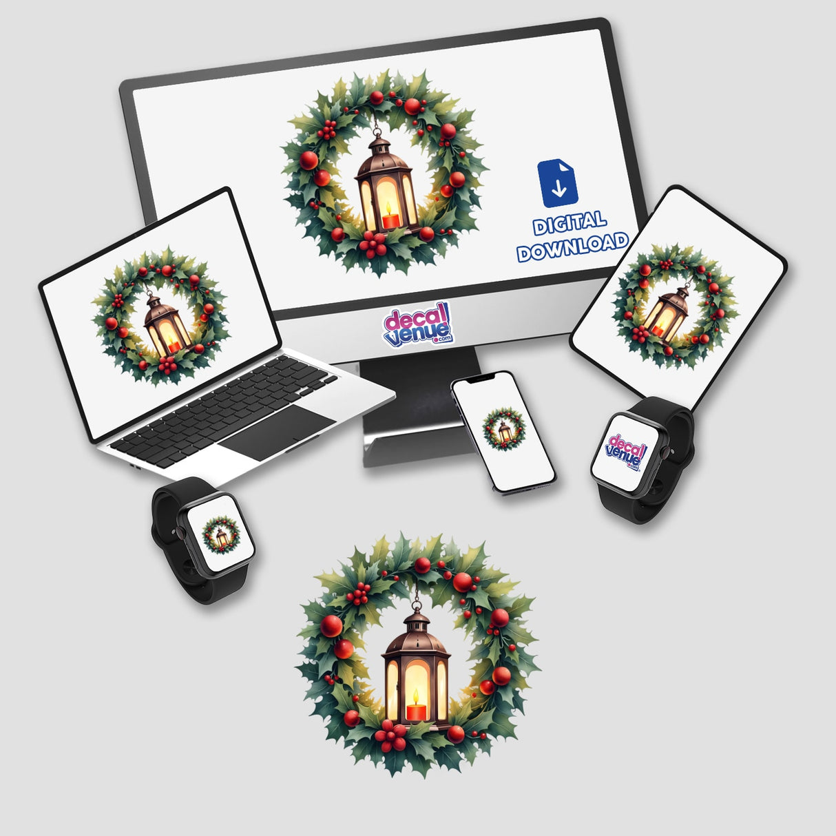 Festive Lantern in a Christmas Wreath displayed on a laptop and monitor, highlighting its availability as unique stickers or digital artwork from Decal Venue.