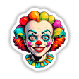 A Crazy Clown Girl illustration featuring a cartoon clown with colorful ruffles and a smiling face, available as unique stickers or digital artwork from Decal Venue.