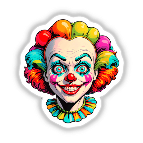 A Crazy Clown Girl illustration featuring a cartoon clown with colorful ruffles and a smiling face, available as unique stickers or digital artwork from Decal Venue.