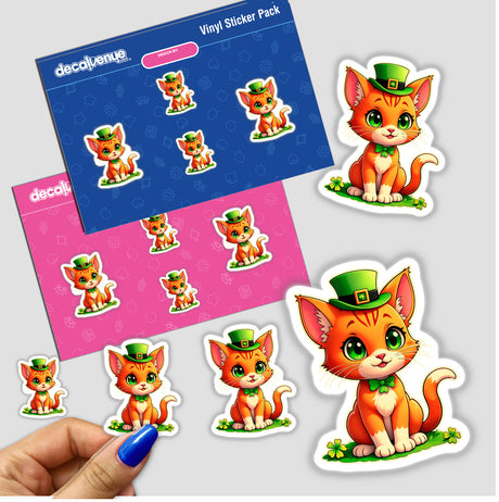 St. Patrick's Day Kitten sticker pack featuring cartoon cats in various playful hats, including leprechaun styles, available as both stickers and digital artwork. Perfect for festive decorating.