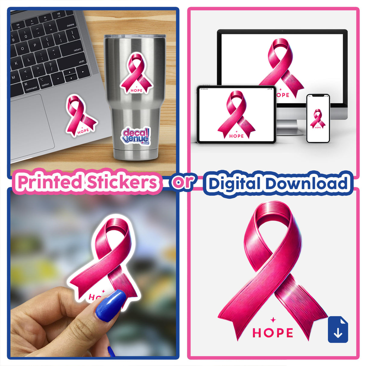 Hope Pink Ribbon Breast Cancer Awareness collage featuring stickers and digital artwork, including pink ribbons on various surfaces like laptops, cups, and hands, symbolizing support and awareness.