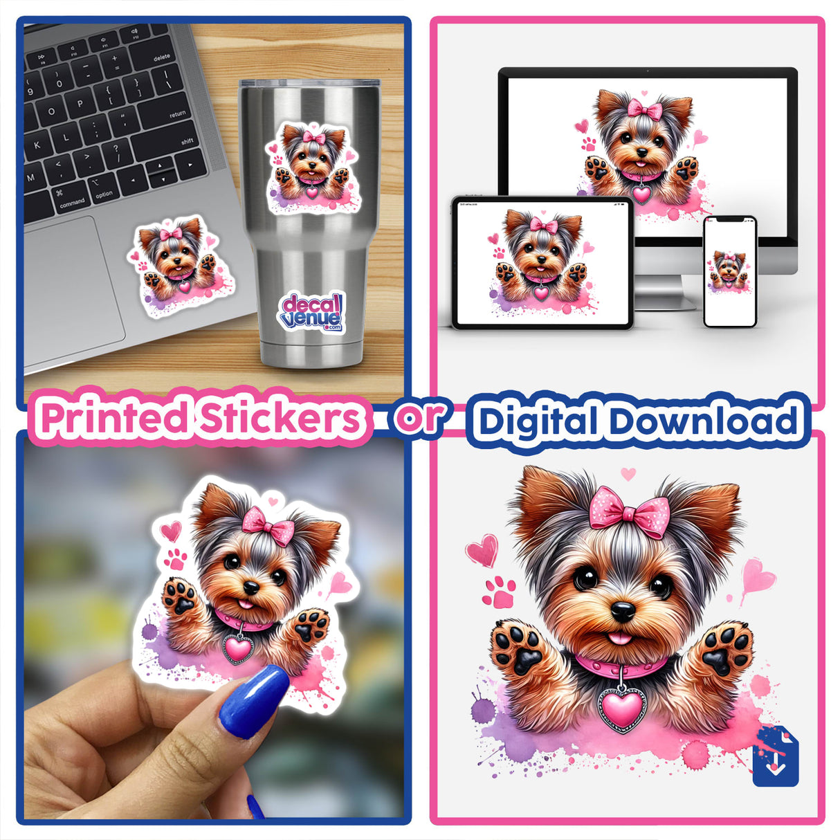 Collage featuring Valentine Surprise Yorkie Dog with a bow, available as stickers or digital artwork, shown on a laptop and cup. Perfect for celebrating love and unique style.