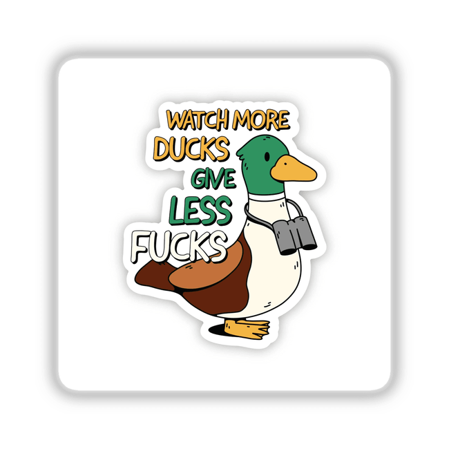 Cartoon duck with binoculars around neck, titled Watch More Ducks Give Less Fu**s, available as stickers or digital artwork.