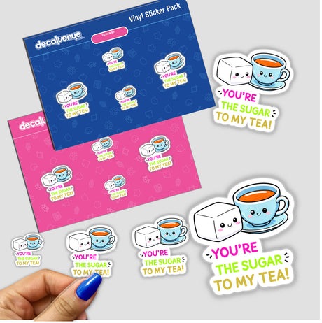 Sticker pack titled You're The Sugar To My Tea Funny Love Quote, featuring cartoon characters of a teacup, marshmallow, and sugar cube. Available as stickers or digital artwork.